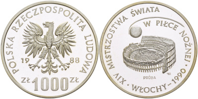 Польша 1000 злотых 1988 MW, чемпионат мира по футболу в Италии 1990 года, стадион, PROBA, тираж 7000 экземпляров KM Pr 581, Parchimowicz P.496a серебро PROOF 1085-2-31