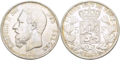 Бельгия 5 франков 1869 Леопольд II (1865-1909) KM 24 серебро 4184-615