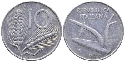 ИТАЛИЯ 10 ЛИР 1975 R. ПЛУГ KM 93 алюминий 54-1341