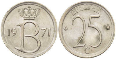 БЕЛЬГИЯ 25 САНТИМОВ 1971 BELGIQUE KM 153.1 медно-никель 201-1267