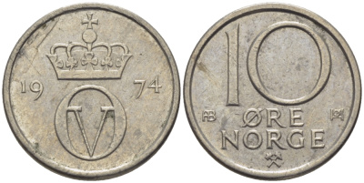 Норвегия 10 эре 1974 Улаф V (1958-1991) KM 416 медно-никель 100-123
