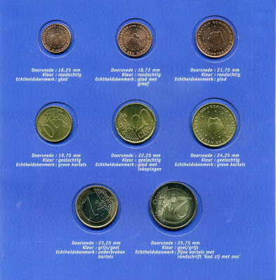 Нидерланды евронабор из 8 монет (1, 2, 5, 10, 20 и 50 евроцентов; 1 и 2 евро) в красочном буклете KM 234, 235, 236, 237, 238, 239, 240 и 241 UNC 4-3-2-40