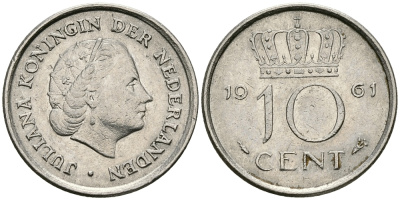 НИДЕРЛАНДЫ 10 ЦЕНТОВ 1961 ЮЛИАНА KM 182 никель 96-462