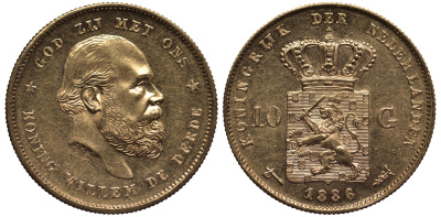 Нидерланды 10 гульденов 1886 Виллем III KM 106 золото UNC 00-808-03