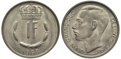 ЛЮКСЕМБУРГ 1 ФРАНК 1968 ВЕЛИКИЙ ГЕРЦОГ ЖАН (1964-2000) KM 55 медно-никель 4538-925