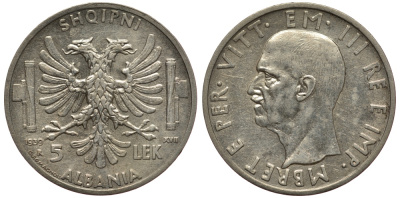Албания 5 лек 1939 R, Итальянская оккупация KM 33 серебро 441-422