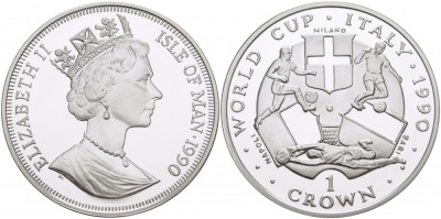 Остров Мэн 1 крона 1990 чемпионат мира по футболу 1990 года в Италии, Милан KM 269a серебро PROOF 1081-3-12