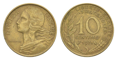 Франция 10 сантимов 1971 тип Morlon KM 929, Le Franc 144.11 алюминиевая бронза 4630-355