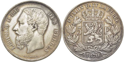 Бельгия 5 франков 1870 Леопольд II (1865-1909) KM 24 серебро 5010-912
