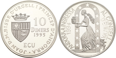 Андорра 10 динеров 1995 вступление Андорры в совет Европы KM 108 серебро PROOF 11-236-21