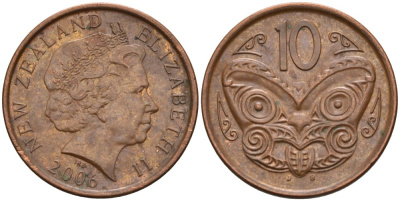 Новая Зеландия 10 центов 2006 Елизавета II (1952-2022), маска маори KM 117а сталь плакированная медью 119-955
