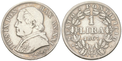 Папская область 1 лира 1867 Пий IX (1846-1878) KM 1378 серебро 4615-261