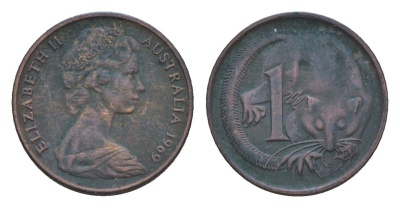 Австралия 1 цент 1969 Елизавета II (1952-2022), молодой портрет, опоссум KM 62 бронза 4655-1166