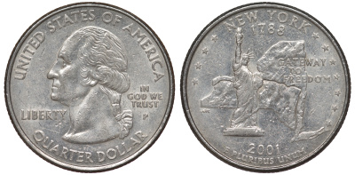 США 25 центов = квотер 2001 Р, серия штаты США, Нью-Йорк KM 318 медь плакированная медно-никелем 4541-514