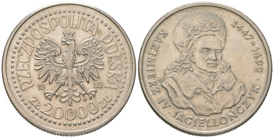 Польша 20000 злотых 1993 серия Польские короли, Казимир IV Ягайлович (1447-1492) KM 256 медно-никель  UNC 4512-1044