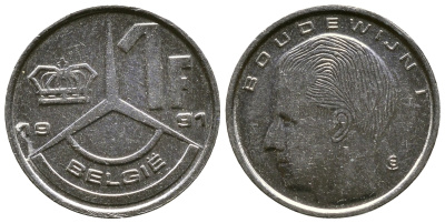 БЕЛЬГИЯ 1 ФРАНК 1991 BELGIE KM 171 железо плакированное никелем 4110-1711