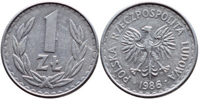 ПОЛЬША 1 ЗЛОТЫЙ 1986 MW KM 49.2 алюминий 4390-455