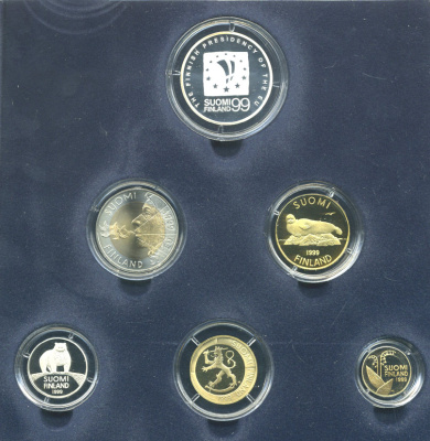 Финляндия набор из 5 монет + медаль 1999 официальный набор, с сертификатом, Саммит в Хельсинки, тираж 3000 экз. PROOF 5-6-2-9