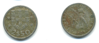 ПОРТУГАЛИЯ 2,5 ЭСКУДО 1968 ПАРУСНИК KM 590 медно-никель 3999-831