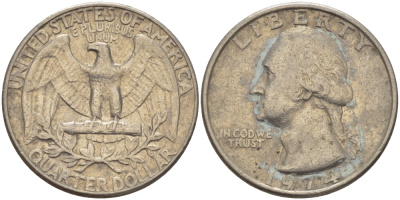 США 25 центов (квотер) 1974 Вашингтон KM 164a медь плакированная медно-никелем 31-726