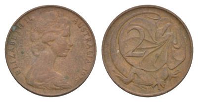 Австралия 2 цента 1976 Елизавета II (1952-2022), плащеносная ящерица KM 63 бронза 4655-1241