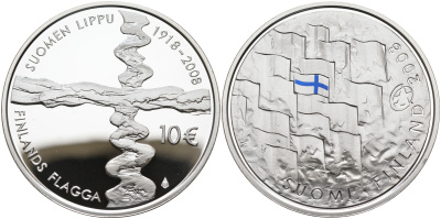 Финляндия 10 евро 2008 90 лет Финскому флагу, цветная эмаль KM 140 серебро  PROOF 11-164-22
