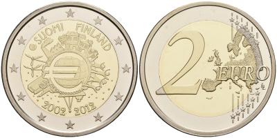 Финляндия 2 евро 2012 10 лет монетарной политике и наличному евро, в оригинальной коробке, с сертификатом, тираж 25000 экз. KM  биметалл  PROOF  7-6-1-41