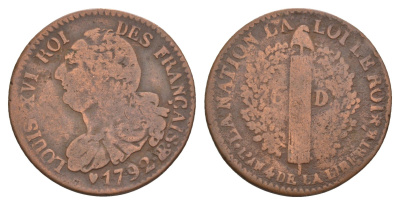 Франция 6 денье 1792 BB, Людовик XVI (1774-1792) KM 611 медь 5010-342