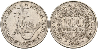 Валютный Союз стран Западной Африки 100 франков 1968 KM 4 никель 4575-1142
