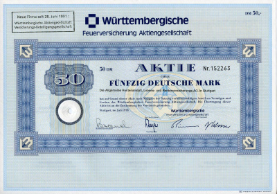 ФРГ 50 марок 1978 Акционерное общество по страхованию от пожаров Вюртемберга, акция   бумага   8803-92-1