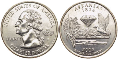 США 25 центов = квотер 2003 D, серия штаты США, штат Арканзас KM 347 медь плакированная медно-никелем UNC M20-1