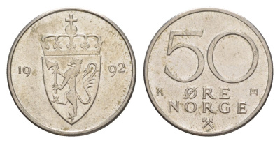 Норвегия 50 эре 1992 Харальд V (1991-) KM 418 медно-никель UNC 4635-516