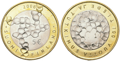 Финляндия 5 евро 2008 100 лет Финской академии наук и исследований KM 141 биметалл  UNC  650-523