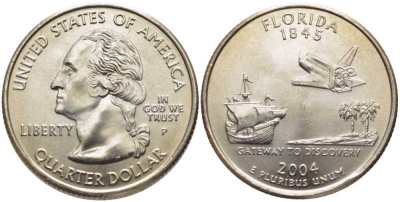 США 25 центов = квотер 2004 P, серия штаты США, Флорида KM 356 медь плакированная медно-никелем UNC M50-05
