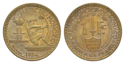 Монако 1 франк 1924 год-тип KM 111 алюминиевая бронза aUNC 5010-841