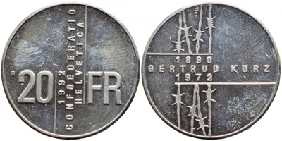 Швейцария 20 франков 1992 В, Гертруда Курц KM 72 серебро UNC 443-215