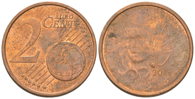 Франция 2 евроцента 2016 KM 1283 сталь плакированная медью 4580-333