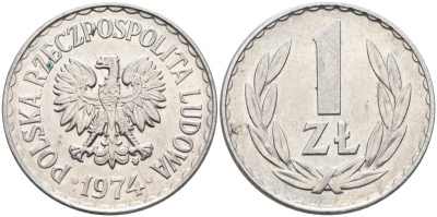 Польша 1 злотый 1974 MW, Народная Республика KM 49.1, Parchimowicz 213k алюминий 3856-815