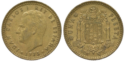 Испания 1 песета 1975 (77) Хуан Карлос I (1975-2001) KM 806 алюминиевая бронза 4128-1054