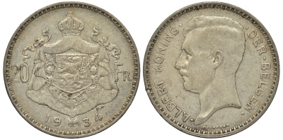 Бельгия 20 франков 1934 Альберт I (1909-1934), Der Belgen KM 104.1 серебро 443-112