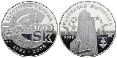 СЛОВАКИЯ 1000 КРОН 2008 15 ЛЕТ СЛОВАЦКОЙ КРОНЕ KM NEW серебро PROOF 01-019-23-1