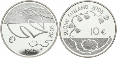 Финляндия 10 евро 2005 60 лет мира в Европе, голубь мира KM 120 серебро PROOF 11-226-14