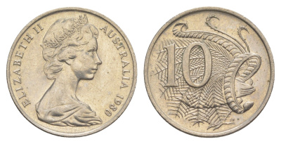 Австралия 10 центов 1980 Елизавета II (1952-2022), птица лирахвост KM 65 медно-никель aUNC 4364-1457