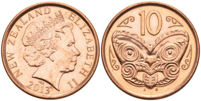 Новая Зеландия 10 центов 2013 маска Маори, Елизавета II (1952-) KM 117а сталь плакированная медью 92-447