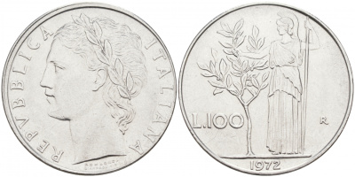 ИТАЛИЯ 100 ЛИР 1972 R, АФИНА KM 96.1 нержавеющая сталь 3855-813