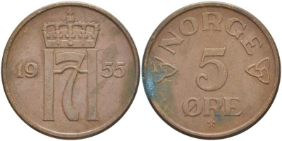 НОРВЕГИЯ 5 ЭРЕ 1955 ХОКОН VII (1905-1957) KM 400 бронза 4402-123