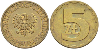 Польша 5 злотых 1976 монетный двор Ленинград (ЛМД) KM 81.1, Parchimowicz 221b латунь UNC 89-511