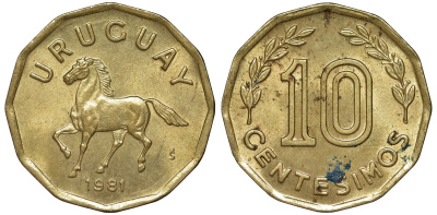 Уругвай 10 сентесимо 1981 KM 66 алюминиевая бронза 4169-534