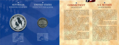 Австралия 1 доллар 1999 (серебро) с памятной маркировкой и США 25 центов 1999 штат Коннектикут в красочном буклете 4-5-1-2