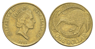 Новая Зеландия 1 доллар 1991 Елизавета II (1952-2022), птица киви KM 78 алюминиевая бронза 4652-252
